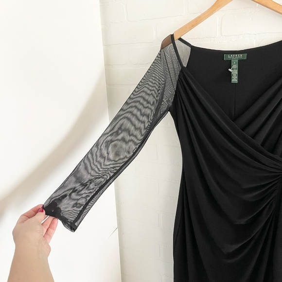 Lauren Ralph Lauren Mini dress Faux wrap V neckline Sheer Mesh long sleeve Sz 8 - Picture 3 of 11